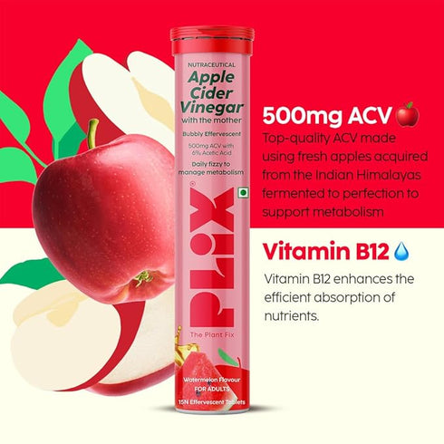 Plix Flavored Apple Cider Vinegar Effervescent TabletJuicy Watermelon (Pack of 4) 15 Effervescent Tablet Each