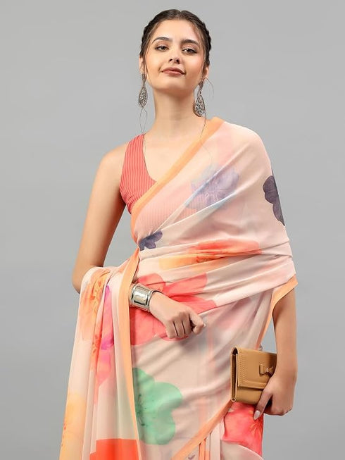 Vasthrlay Cream Faux Georgette Botanical Floral Printed Saree With Unstitched Blouse