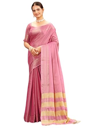 Vasthrlay Kanjivaram Pure Tissue Silk Pink Saree Golden Zari With Blouse Piece