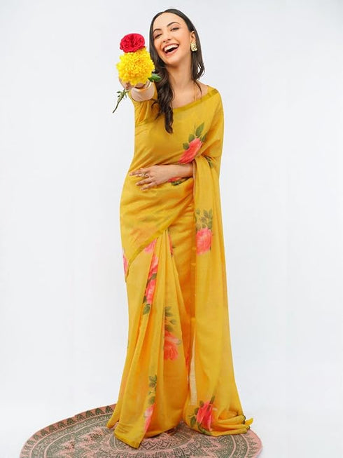 Vasthrlay Yellow1 Daisy Floral Prints Linen Saree With Zari Border And Unstitched Blouse Piece