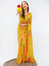 Vasthrlay Yellow1 Daisy Floral Prints Linen Saree With Zari Border And Unstitched Blouse Piece