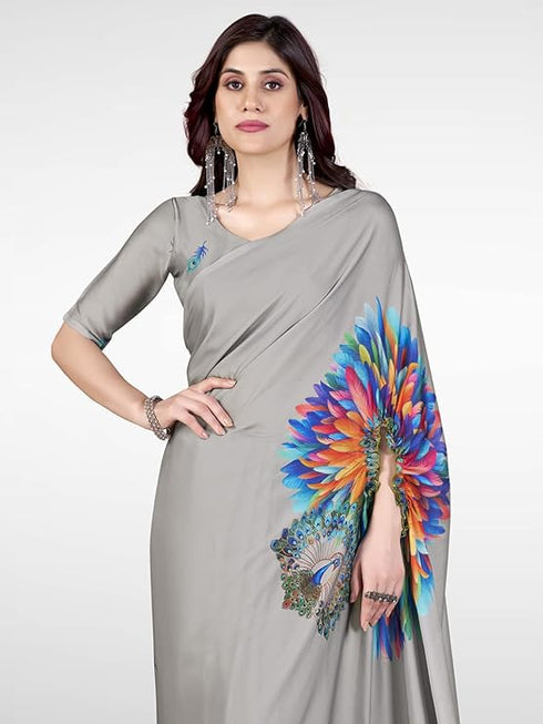 Vasthrlay Printed Kaftan Freehand Grey Women's Satin Saree With Unstitched Blouse Piece
