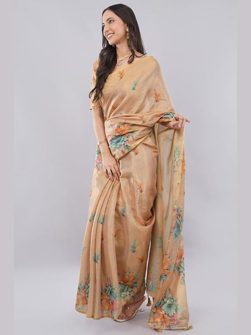 Vasthrlay Peach Floral And Solid Design Polyester Saree With Unstitched Blouse Piece