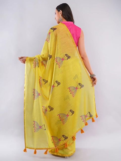 Vasthrlay Yellow Daisy Floral Prints Linen Saree With Zari Border And Unstitched Blouse Piece
