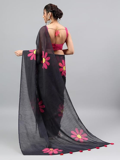 Vasthrlay Dark Black Linen Floral Printed Saree With Solid Unstitched Linen Blouse Piece