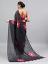 Vasthrlay Dark Black Linen Floral Printed Saree With Solid Unstitched Linen Blouse Piece