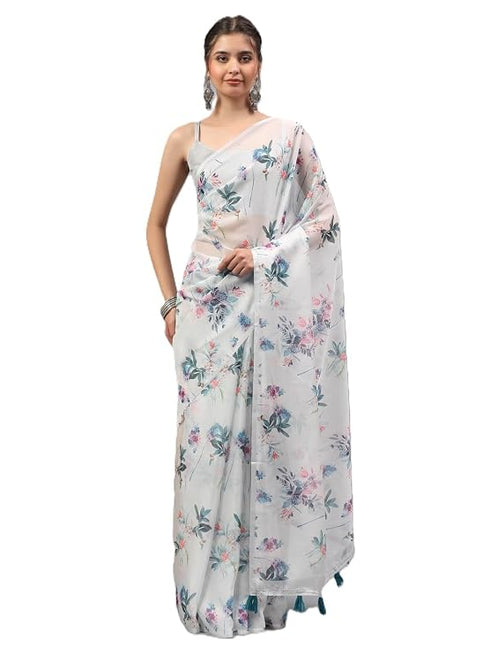 Vasthrlay White Sheer Spring Floral Printed Art Chiffon Saree With Unstitched Blouse