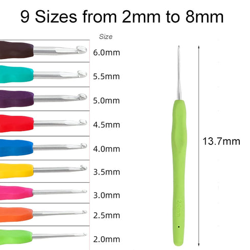 Crochet Hook Set, 9 Pcs Ergonomic Hooks, Aluminum Knitting Tools with Rubber Soft Grip