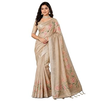 Vasthrlay Cotton Linen Saree With Floral Print Soft Lightweight Ethnic Cream Saree With Unstitched Blouse Piece