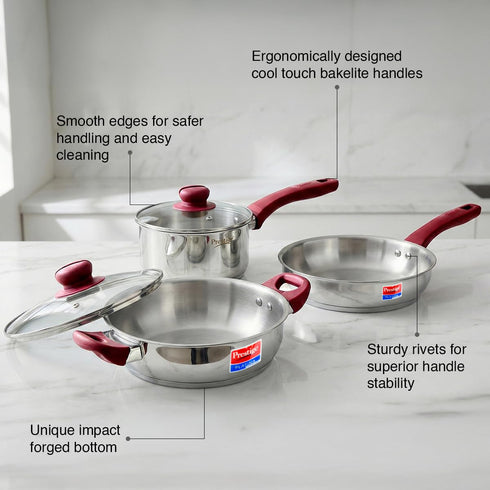Prestige Stainless Steel 3 Pc Cookware Set with 2 Glass Lids
