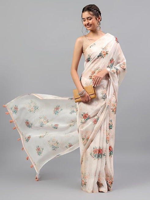 Vasthrlay Off White Floral Printed Organza Saree With Unstitched Blouse