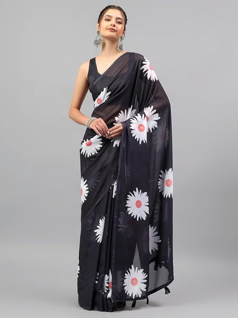 Vasthrlay Black Georgette Floral Printed Saree With Solid Unstitched Georgette Blouse Piece