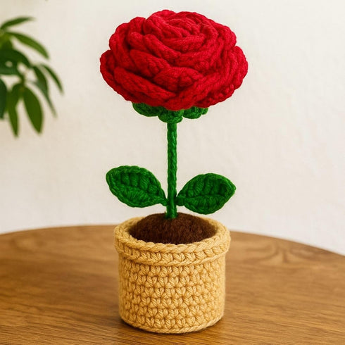 Handmade Crochet Red Rose Pot