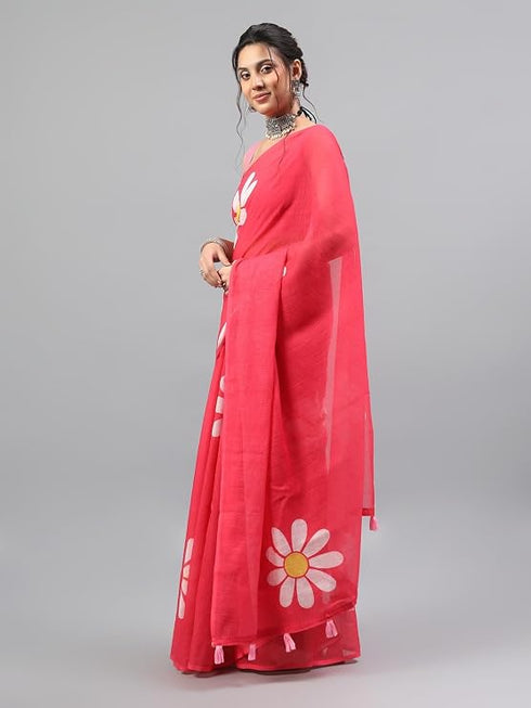 Vasthrlay Tomato Pink Linen Floral Printed Saree With Solid Unstitched Linen Blouse Piece