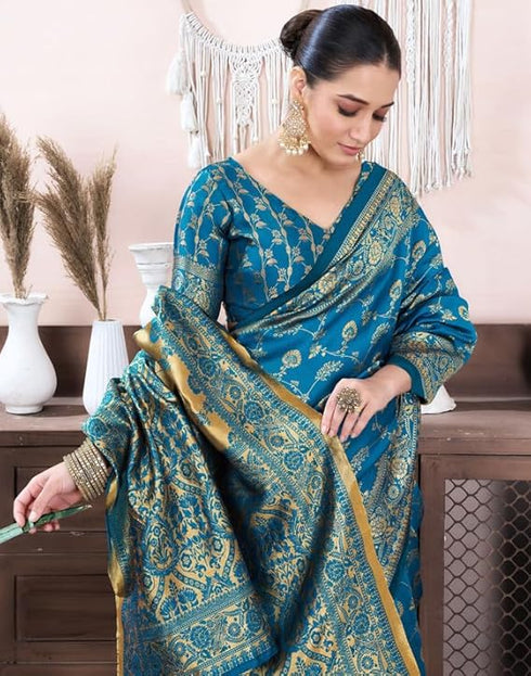 Vasthrlay Womens Banarasi Unstitched Olive Green Saree