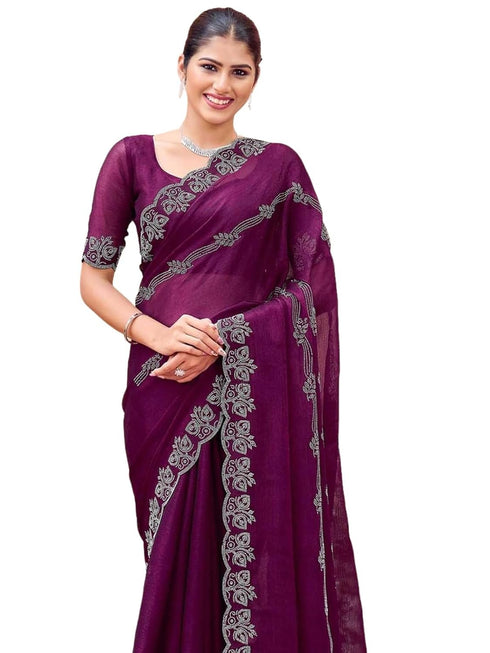 Vasthrlay Shimmer Chiffon Purple Saree With Unstitched Blouse Piece