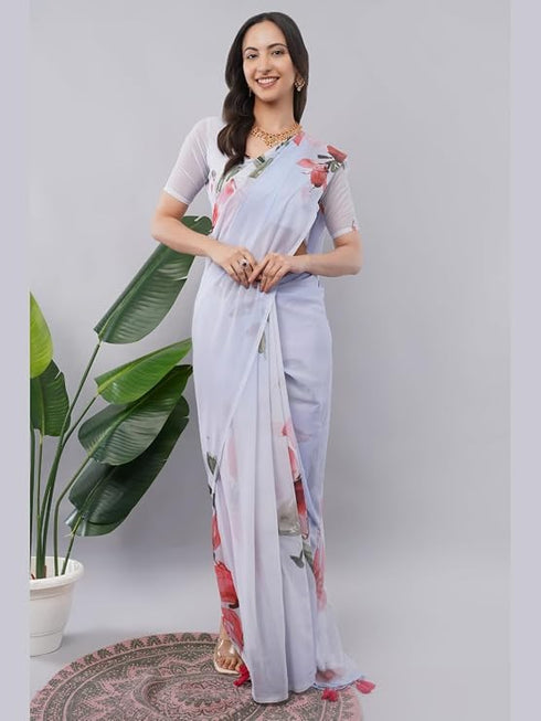 Vasthrlay Off White3 Floral Printed Gerogette Saree With Zari Pallu And Unstitched Blouse Piece