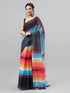 Vasthrlay Multicolor1 Linen Floral| Striped| Check Design Printed Saree With Solid Unstitched Linen Blouse Piece