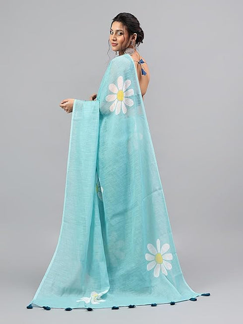 Vasthrlay Light Blue Linen Floral Printed Saree With Solid Unstitched Linen Blouse Piece