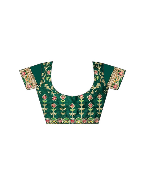 Vasthrlay Bandhani Printed Georgette Sequence Lace Scalloped Border Dark Green Saree with Unstitched Blouse Piece