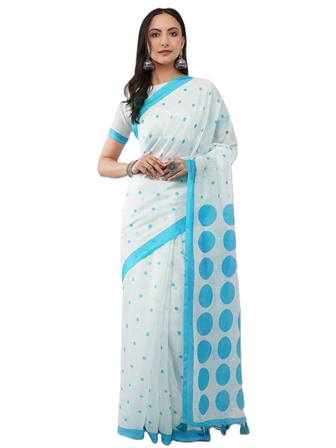 Vasthrlay White Blue Striped | Floral | Solid Print Design Linen Saree With Solid Unstitched Linen Blouse Piece