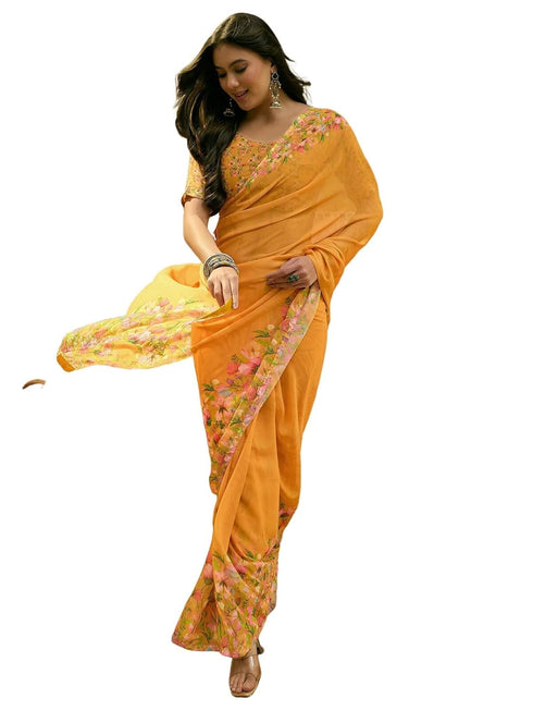 Vasthrlay Georgette Printed Unstitched Yellow Saree