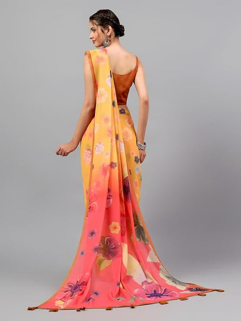 Vasthrlay Yellow Floral| Solid| Striped Design Georgette Saree With Unstitched Blouse Piece