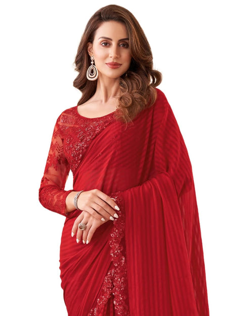 Vasthrlay Womens Georgette Unstitched Red Saree