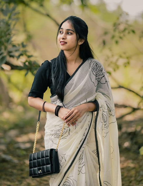 Vasthrlay White and Black Linen Saree with Rose Print | Elegant Minimal Border For Office and Casual Saree