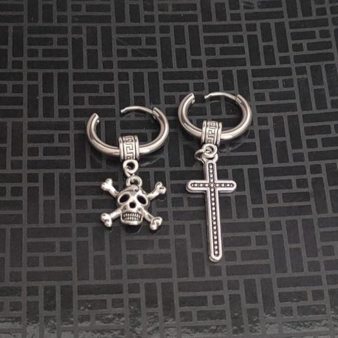 M Men Style Gothic Skeleton Head Dangle With Jesus Cross Hoop Studs