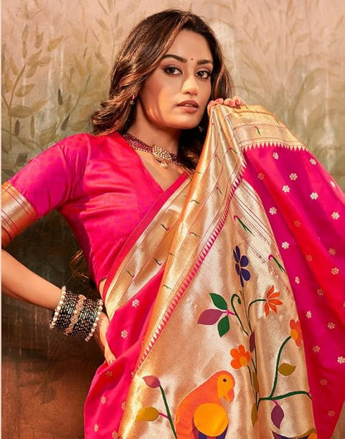 Vasthrlay Paithani Jacquard Unstitched Red Saree