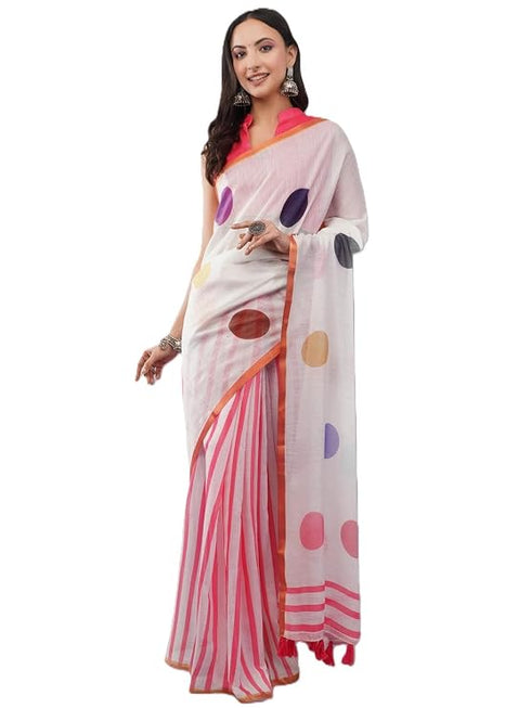 Vasthrlay White Women'S Blue And White Chevron Printed Linen Saree