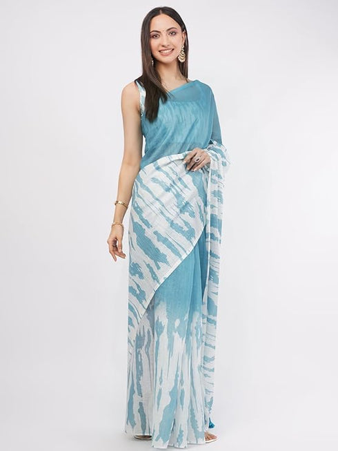 Vasthrlay Sky Blue Linen Floral | Striped | Check Design Printed Saree With Solid Unstitched Linen Blouse Piece