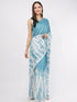Vasthrlay Sky Blue Linen Floral | Striped | Check Design Printed Saree With Solid Unstitched Linen Blouse Piece