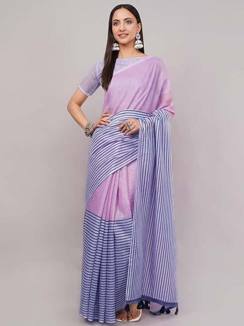 Vasthrlay Pink Printed Linen Saree With Unstitched Blouse Piece