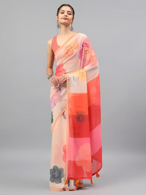 Vasthrlay Cream Faux Georgette Botanical Floral Printed Saree With Unstitched Blouse