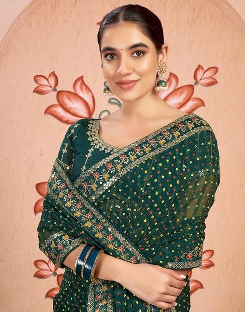 Vasthrlay Bandhani Embroidery Unstitched Rama Green Saree