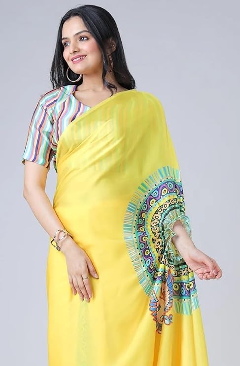 Vasthrlay Printed Kaftan Freehand Saree Yellow Soft Satin Saree
