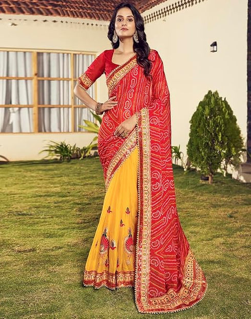 Vasthrlay Bandhani Embroidery Red And Yellow Saree With Unstitched Blouse Piece