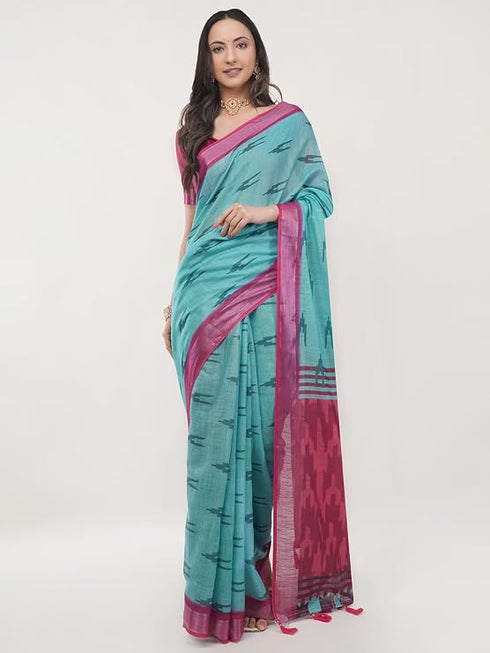 Vasthrlay Womens Blue Paisley Printed Linen Saree With Unstitched Blouse Piece