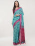 Vasthrlay Blue Paisley Printed Linen Saree With Unstitched Blouse Piece