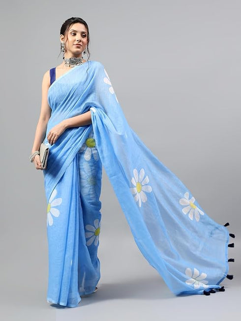 Vasthrlay Blue Womens Ready To Wear One Minute Linen Fabric Saree