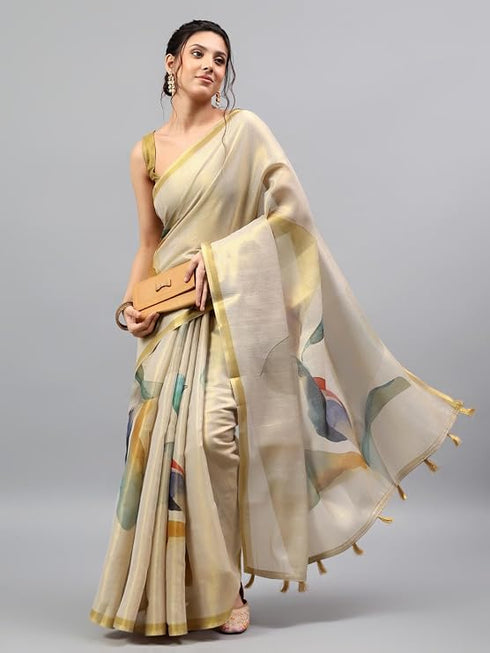 Vasthrlay Beige Heavy Zari Woven Silk Ethnic Saree With Unstitched Blouse