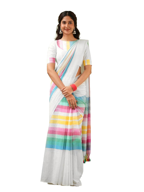 Vasthrlay Handloom Unstitched White Ethnic Wear