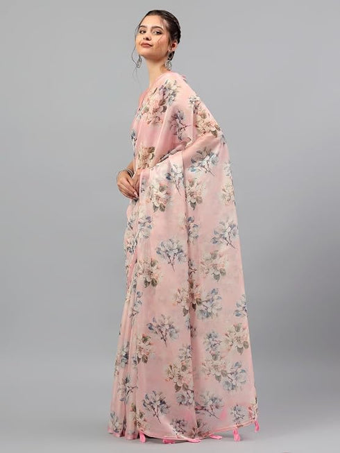 Vasthrlay Peach Pink Floral Printed Organza Saree With Unstitched Blouse