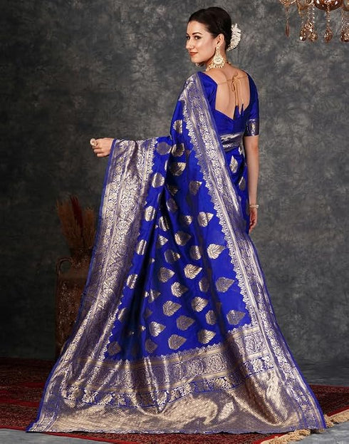 Vasthrlay Womens Jacquard Dark Blue | Gold Saree With Unstitched Blouse Piece