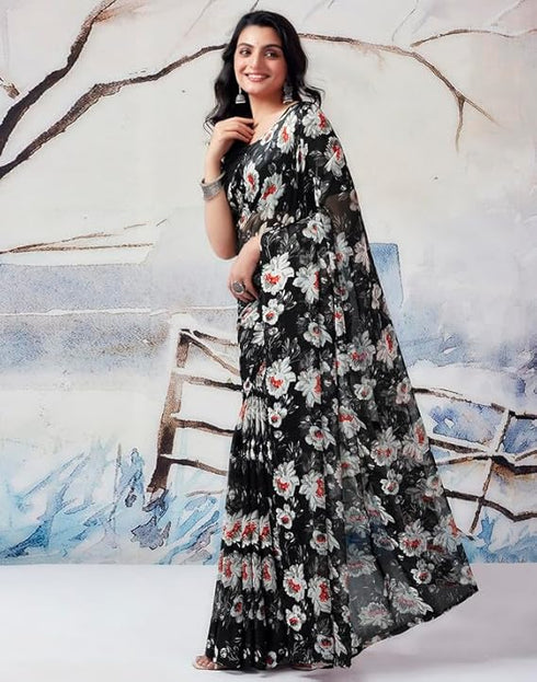 Vasthrlay Georgette Sequence Unstitched Black Saree