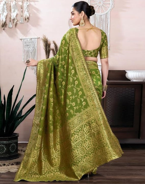 Vasthrlay Womens Banarasi Unstitched Olive Green Saree