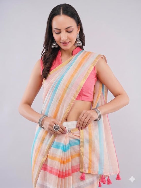 Vasthrlay Multicolour Women'S Blue And White Chevron Printed Linen Saree