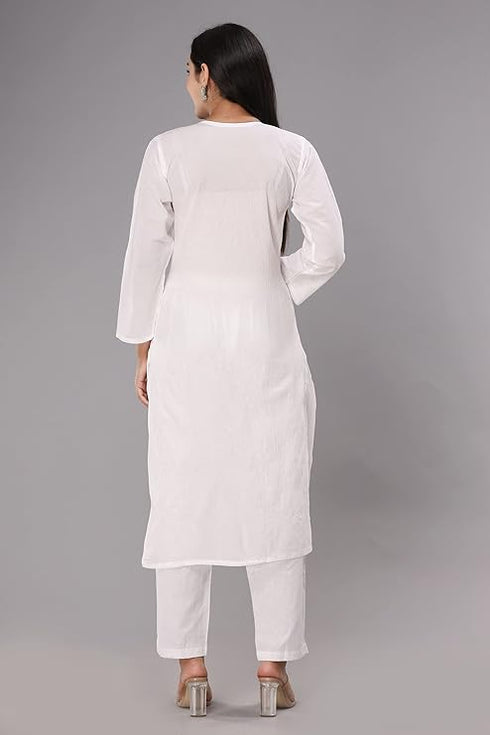 Vasthrlay Women's Chikan Computer Embroidery White Pure Cotton Straight Kurta